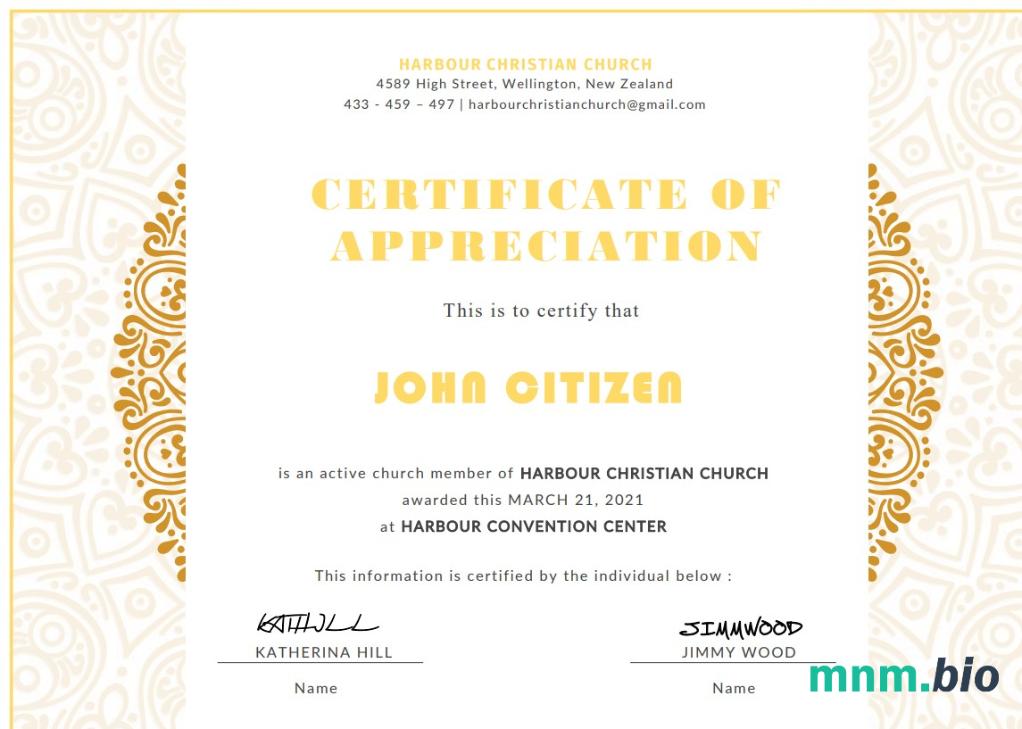 USA Church Certificate of Appreciation